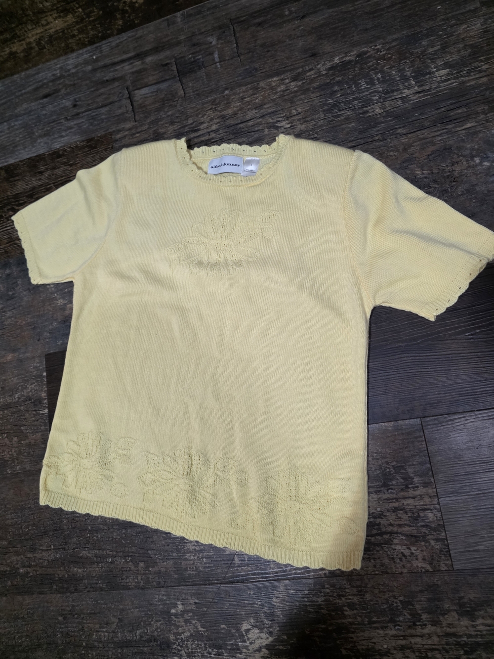 Alfred Dunner Pale Yellow Short Sleeve Knit Top with Floral Pointelle